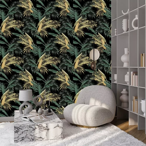 Tapete Tropische Banane verlässt nahtlosen schwarzen Hintergrund