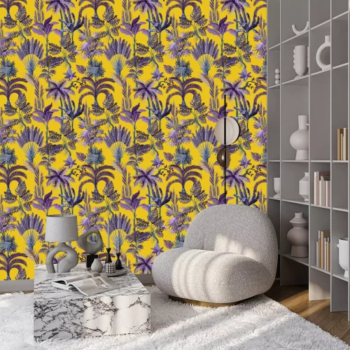 Tapete Nahtloses Muster mit exotischen Bäumen wie Palme, Monstera und Banane. Vintage Vintage Tapete