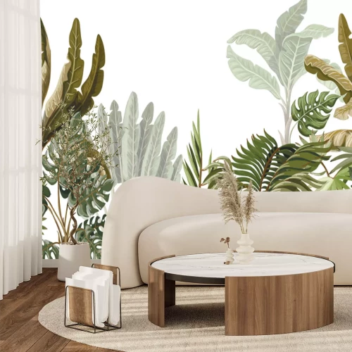 Fototapete Seamless border with tropical tree such as palm, banana, monstera. .
