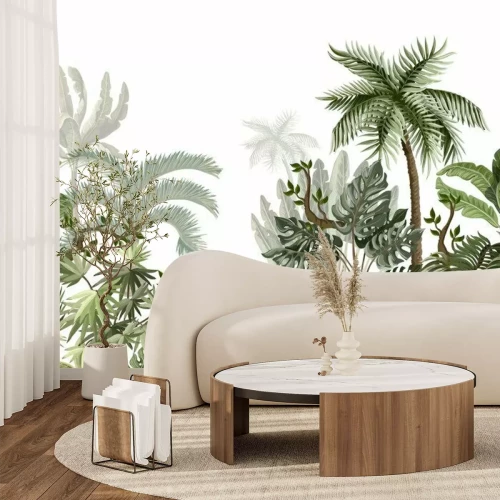 Sticker Seamless border with tropical tree such as palm, banana, monstera. Vector.