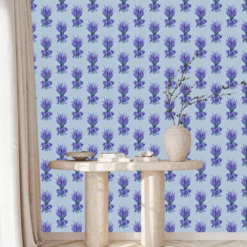 Tapete Lavender flowers purple watercolor seamless pattern. Beautiful violet lavender retro background. Elegant fabric on light background Surface pattern design.