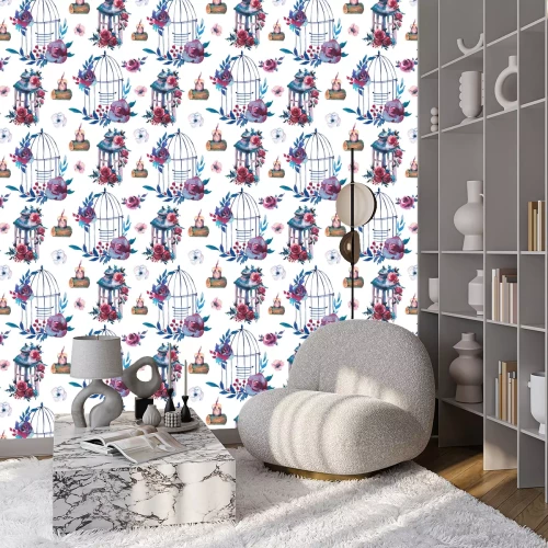 Tapete Vogelkäfige mit Blumen und Kerzen