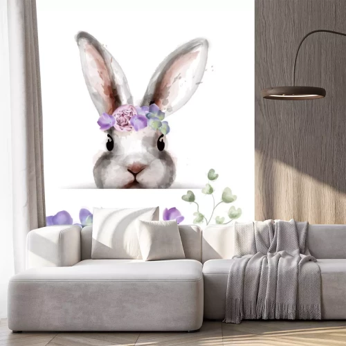 Sticker Grauer Hase mit Aquarell-Blumen in Violett