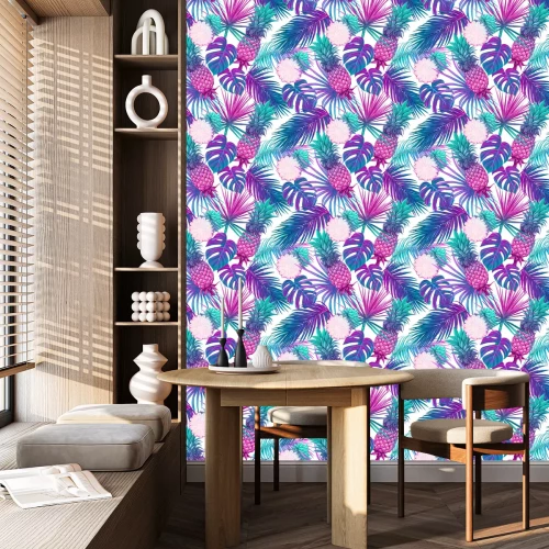 Tapete Ananas unter tropischen Blättern