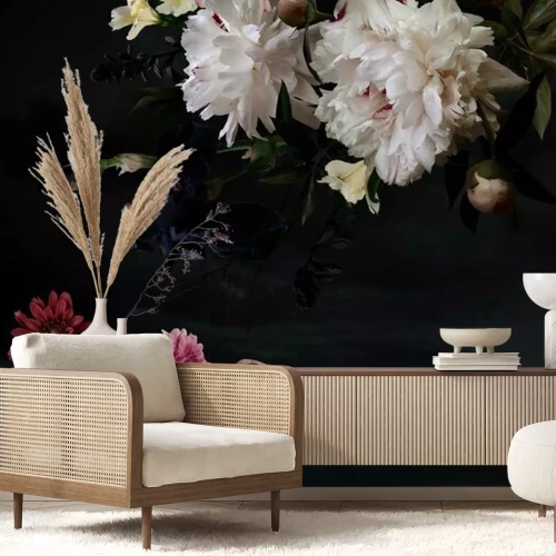 Fototapete Üppige Blütenknospen auf dunklem Hintergrund