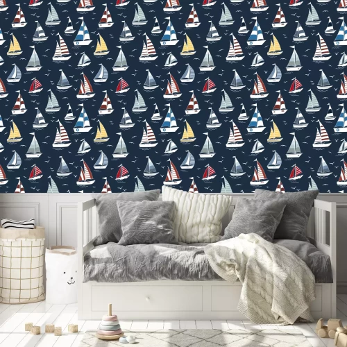 Tapete Marine seamless pattern with cartoon boats on waves