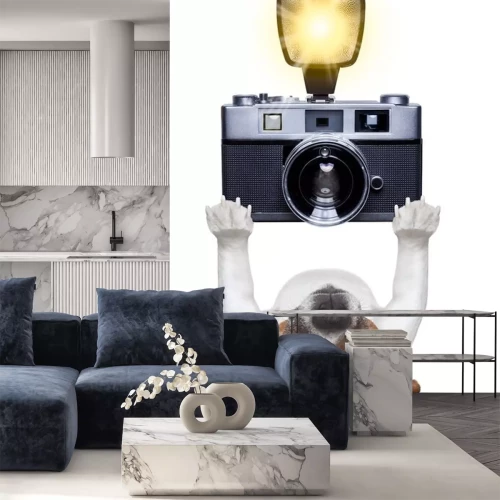 Sticker Tiere Hund hält große Kamera mit Blitz