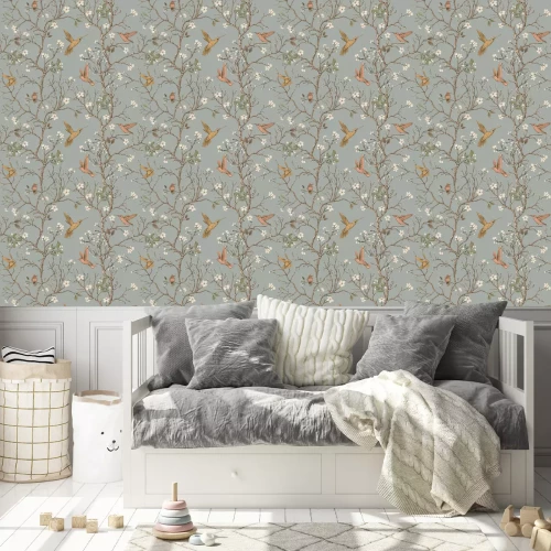 Tapete Vector colorful pattern with birds and flowers. Hummingbirds and flowers, retro style, floral backdrop. Spring, summer flower design for web, wrapping paper, cover, textile, fabric, wallpaper