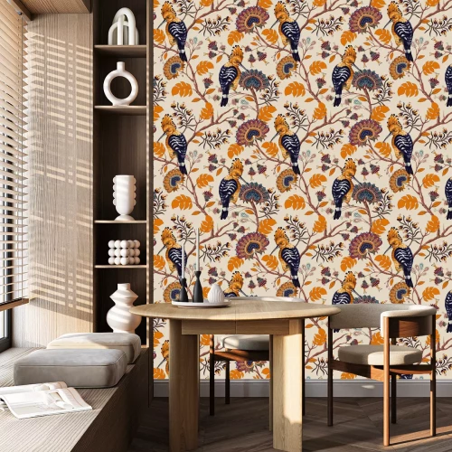 Tapete Wiedehopfe und Blumen in Herbstfarben