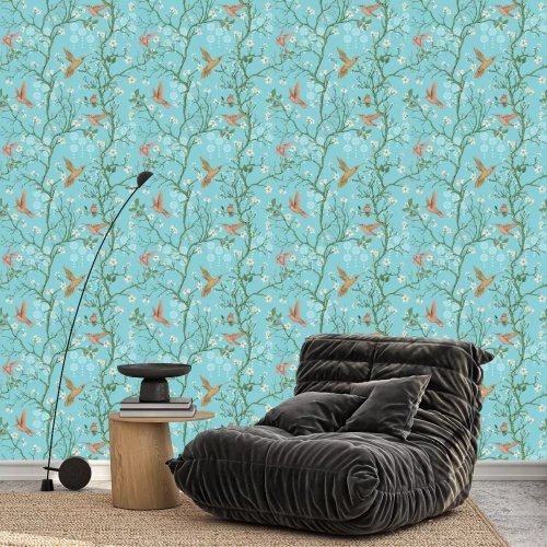 Tapete Vector colorful pattern with birds and flowers. Hummingbirds and flowers, retro style, floral backdrop. Spring, summer flower design for wrapping paper, cover, textile, fabric, wallpaper