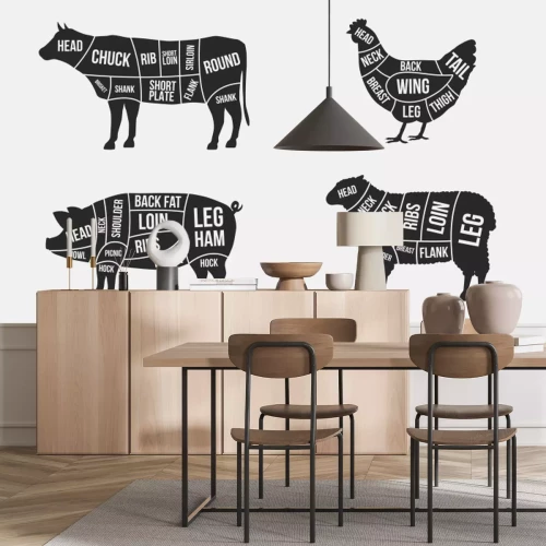 Sticker Schwarz-Weiß-Zeichnung von Fleisch verschiedener Tiere