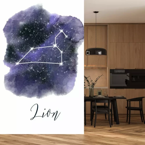 Sticker Zodiac sign Leo. Dark blue hand drawn watercolor night sky with stars. Rough, artistic edges. Raster version.