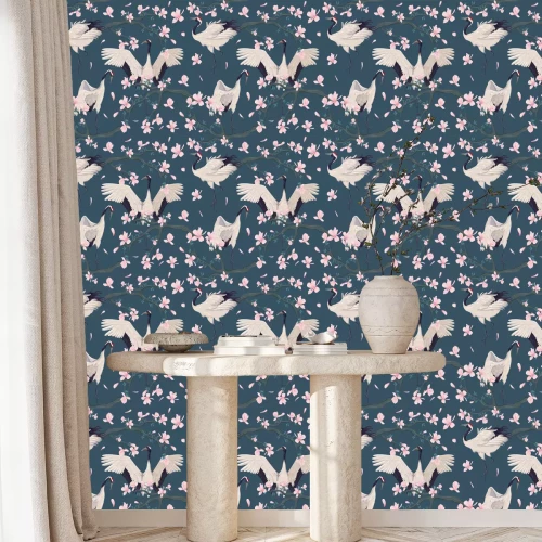 Tapete Orientalische japanische Kräne und rosa Blumen