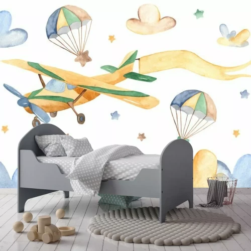 Sticker Watercolor card with cute airplane and clouds. Child illustration for baby shower, kindergarten, cards, invitations.