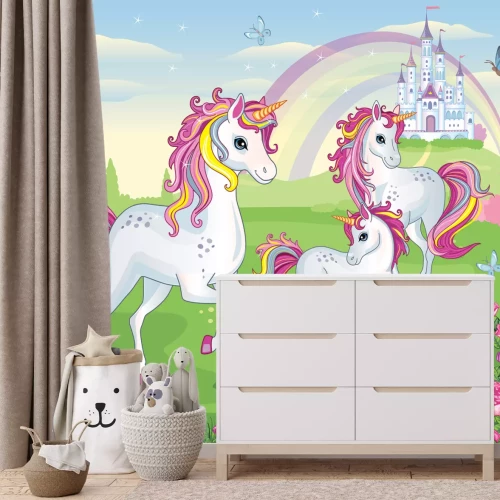 Fototapete Märchenhafte Einhörner zwischen Blumen mit Schloss und Regenbogen