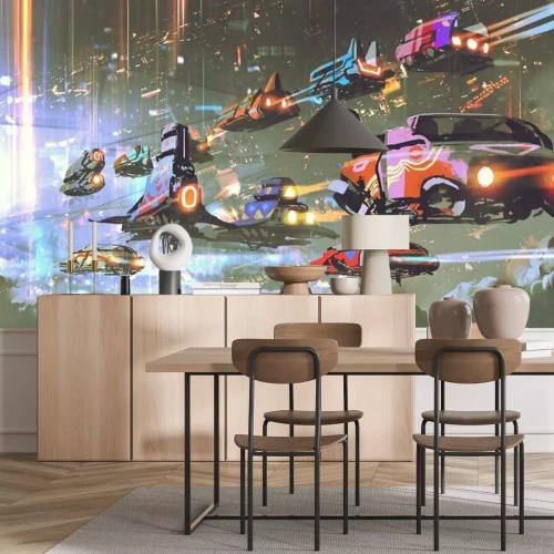 Fototapete Flying car traffic in the futuristic world, digital art style, illustration painting