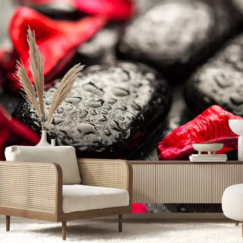 Sticker Hintergrund Spa. schwarzen Steinen und roten Blütenblätter mit Wassertropfen