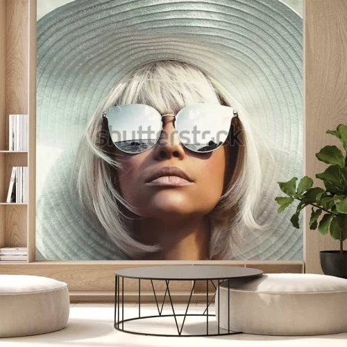 Fototapete Frau mit Sonnenbrille und Strohhut