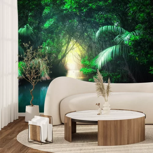 Fototapete Landschaft Fluss im tropischen Dschungel mit exotischen Pflanzen