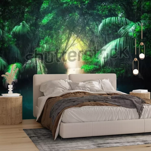 Fototapete Landschaft Fluss im tropischen Dschungel mit exotischen Pflanzen