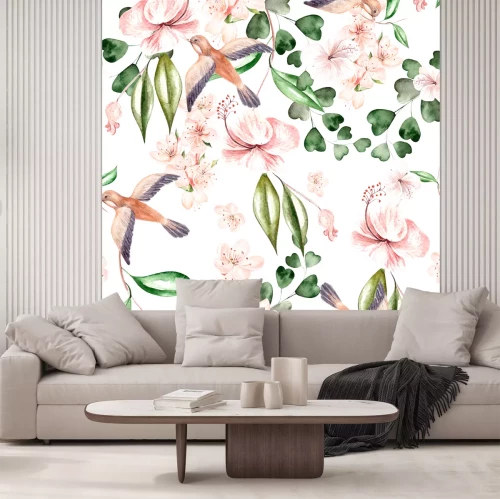 Sticker Aquarellmuster mit Frühlingsblumen, Eukalyptusblättern und Vögeln. Illustration