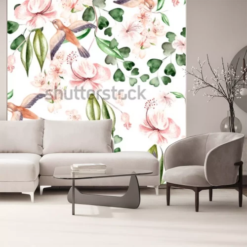 Sticker Aquarellmuster mit Frühlingsblumen, Eukalyptusblättern und Vögeln. Illustration