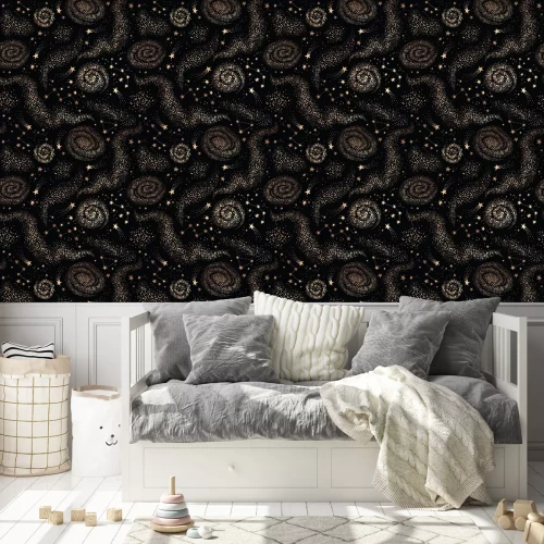 Tapete Galaxy seamless black pattern with gold nebula, constellations and stars