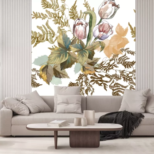 Sticker 3 weiße Tulpen und Grasaquarell auf nahtlosem Muster des weißen Hintergrundes für Gewebe, Papier