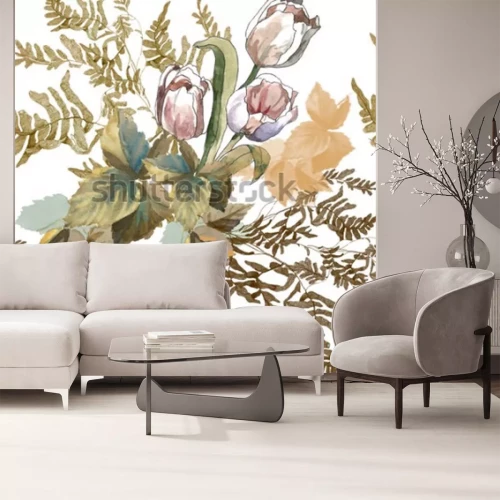 Sticker 3 weiße Tulpen und Grasaquarell auf nahtlosem Muster des weißen Hintergrundes für Gewebe, Papier