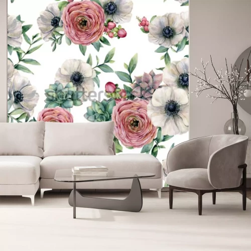 Sticker Nahtloses Muster des Aquarells mit Succulent, Ranunculus, Anemone. Handgemalte Blumen, Eukaliptusblätter und saftige Niederlassung lokalisiert auf weißem Hintergrund. Illustration für Design, Druck od