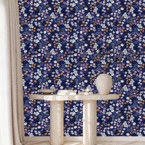 Tapete Abstrakte Wildblumen auf dunkelblauem Hintergrund