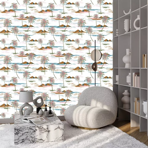 Tapete Heller und trendiger monotoner blauer nahtloser Inselmustervektor Aloha. Landschaft mit Palmen, Strand und Ozeanvektor handgezeichneten Stil