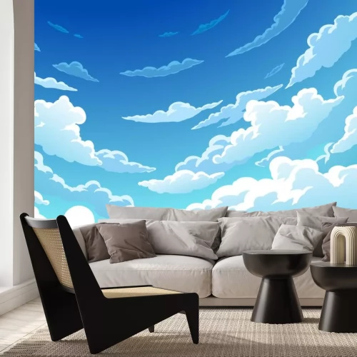 Sticker Cartoon-Landschaft mit Wolken an einem blauen Himmel