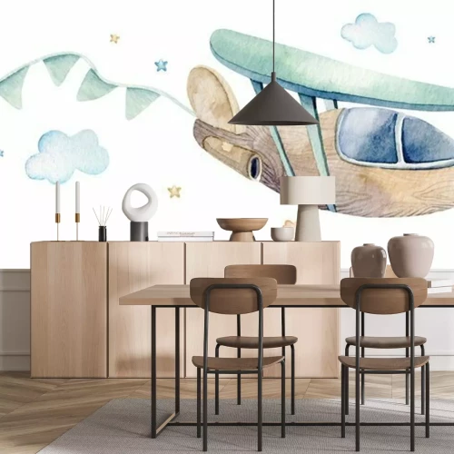 Sticker Aquarell stellte Hintergrundillustration einer niedlichen Karikatur- und ausgefallenen Himmelsszene zusammen mit Flugzeugen, Hubschraubern, Flugzeug und Luftballons, Wolken ein. Nahtloses Muster des J