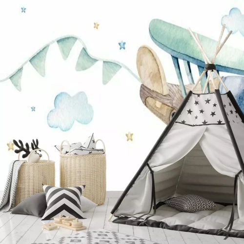 Sticker Aquarell stellte Hintergrundillustration einer niedlichen Karikatur- und ausgefallenen Himmelsszene zusammen mit Flugzeugen, Hubschraubern, Flugzeug und Luftballons, Wolken ein. Nahtloses Muster des J