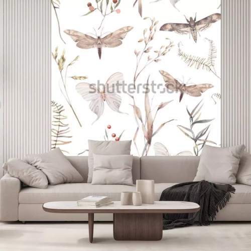 Sticker Nahtloses Muster der Aquarellschmetterling- und -sommerfeldkräuter. Handgemalte Beschaffenheit mit botanischen Elementen: Anlagen, Gras, Beeren, Farn, Blätter. Natürlicher sich wiederholender Hintergr