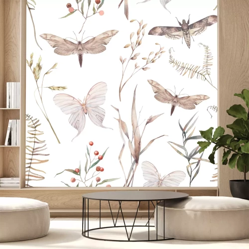 Sticker Nahtloses Muster der Aquarellschmetterling- und -sommerfeldkräuter. Handgemalte Beschaffenheit mit botanischen Elementen: Anlagen, Gras, Beeren, Farn, Blätter. Natürlicher sich wiederholender Hintergr