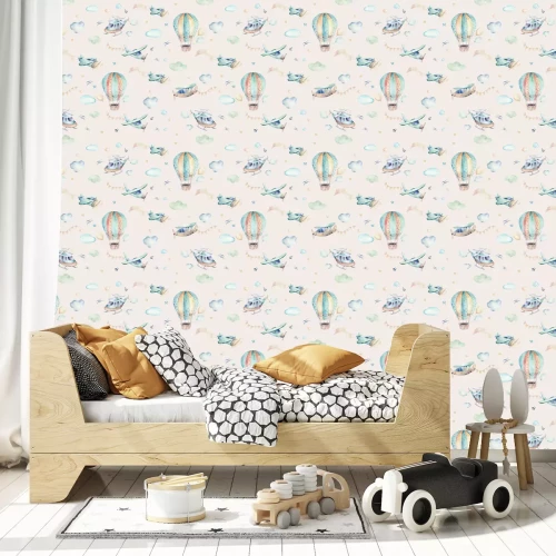 Tapete Aquarell Flugzeuge und Luftballons zwischen den Wolken