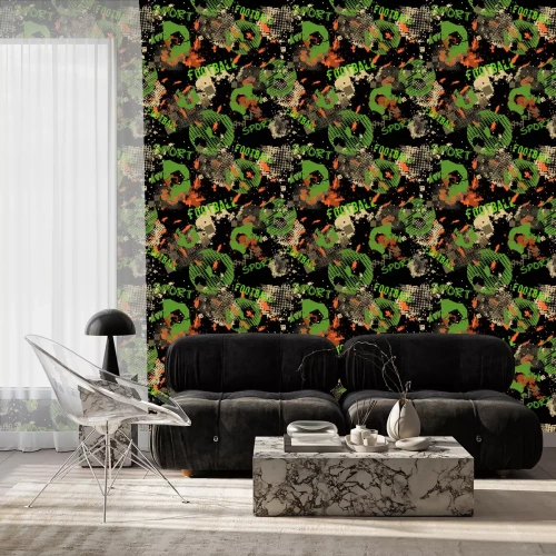 Tapete Abstract seamless football pattern for boys. Sport football pattern. Grunge sport urban backdrop with football ball. Sport wallpaper on black background with multicolor spots. Repeated pattern.