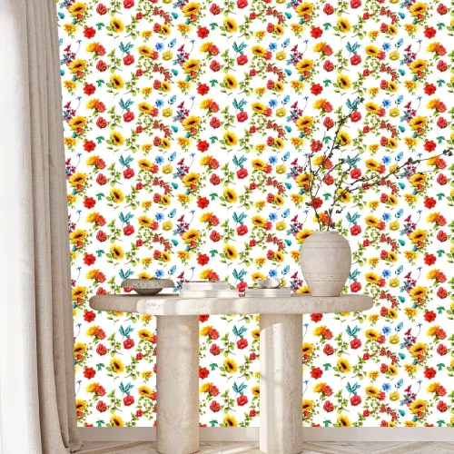 Tapete Wide seamless pattern of sunflowers with pomegranate buds and cornflowers on white. Abstract. Hand drawn. Watercolor. Vector - stock. 