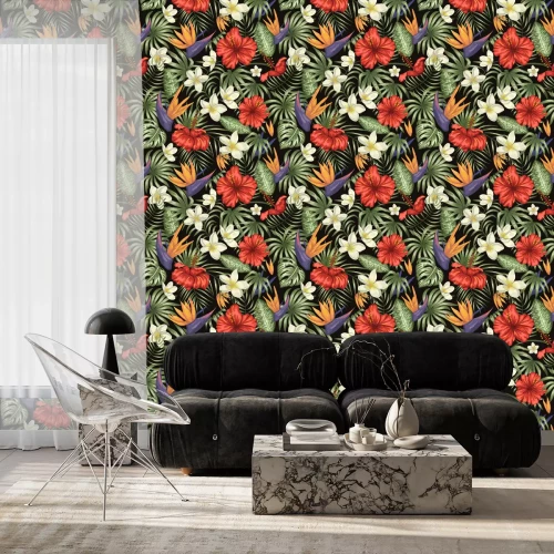 Tapete Tropische Dschungelblätter und exotische Blumen