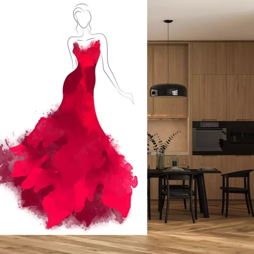 Sticker Model sketch silhouette in beautiful red dress. Fashion digital watercolor illustration