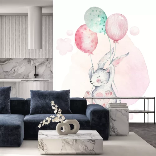 Sticker Graues Häschen fliegt mit Luftballons