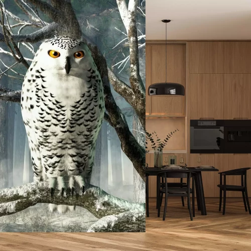 Fototapete Schneeeule auf einem Ast sitzend