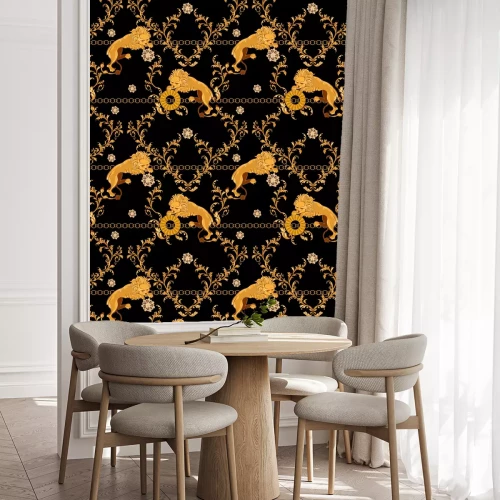 Tapete Luxuriöses Muster mit Löwen auf schwarzem Hintergrund