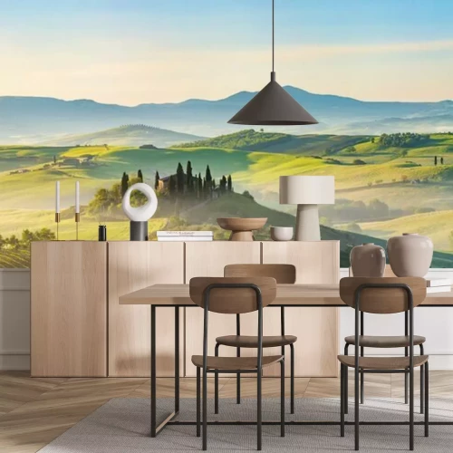 Fototapete Beautiful foggy landscape in Tuscany, Italy