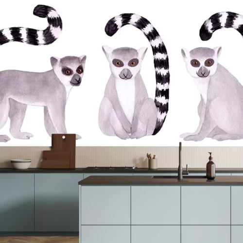 Sticker Watercolor hand painted lemur. Tropical wild animal clip art wildlife. Isolated on white background. Exotic funny cute animals in jungle. Illustration for children's design, baby, fabrics, textiles.