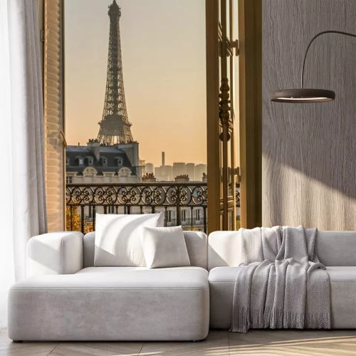 Sticker Ein charmanter Balkon mit Blick auf den Eiffelturm
