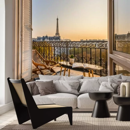Fototapete Beautiful paris balcony at sunset with eiffel tower view