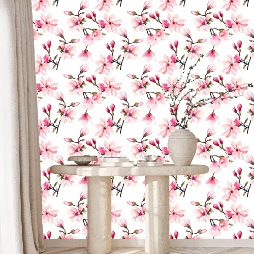 Tapete Beautiful lovely tender herbal wonderful floral summer pattern of a pink Japanese magnolia flowers watercolor hand illustration. Perfect for textile, wallpapers, invitation, wrapping paper, phone case